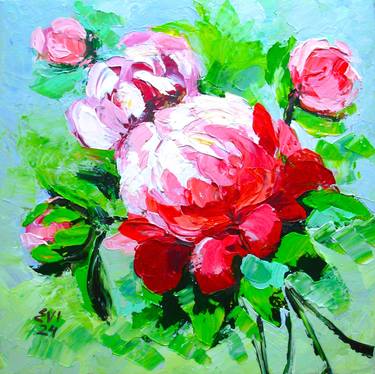 Peonies Floral Original painting  Canvas 11.8x11.8 inches thumb