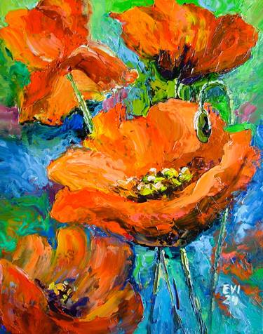 Poppies Flowers Original oil painting on canvas 9.5x12 inches thumb