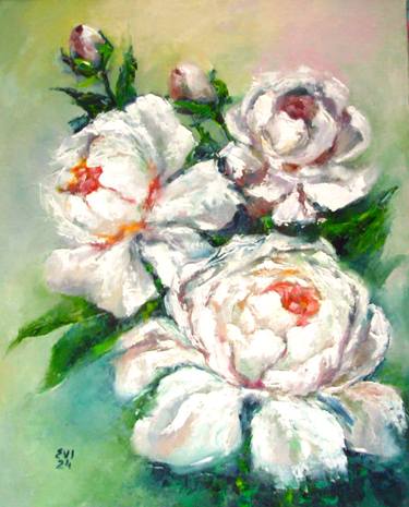 White peonies Flowers Original oil painting Wall art Canvas 16x20 thumb