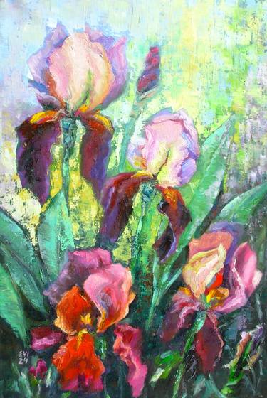 Irises Flowers Original oil painting Wall art Canvas 15.7x23.6 in thumb