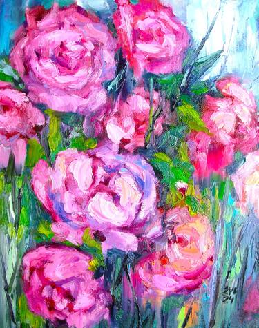 Pink roses Flowers Original oil painting Wall art Canvas 11x14 in thumb