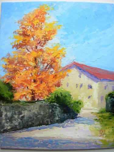 Yellow tree Autumn Original oil painting Impressionism thumb