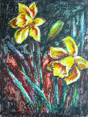 Daffodils Original oil pastel drawing Impressionism thumb