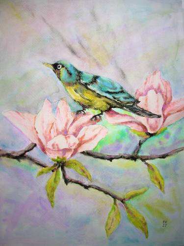 Bird on magnolia Original watercolour painting thumb