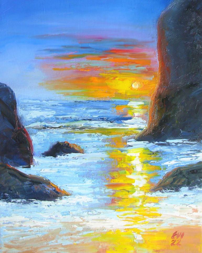 Sunset Oil Painting Impasto Art Seascape Sunset Over The Sea