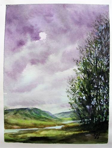 Dramatic sky Landscape Original watercolour painting 6x8 inches thumb