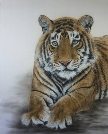 “Relaxed” – silk painted tiger portrait thumb