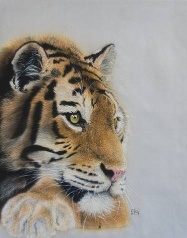 Dreaming Tiger – Silk painting portrait, realism thumb