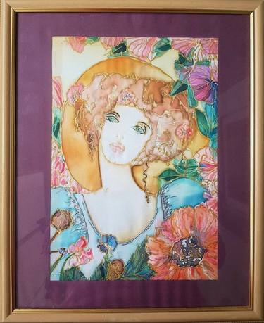 Girl in flowers silk drawing glass and wood frame thumb