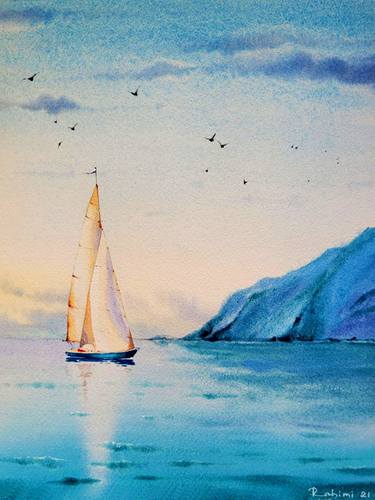 Sailboat Painting Sunrise California Ocean thumb