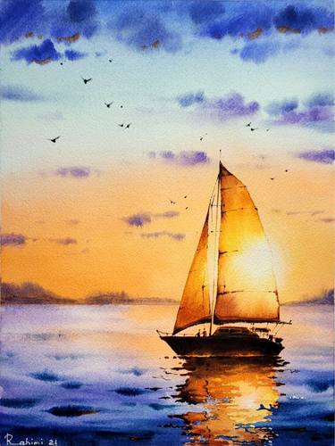 Sailboat Painting Sunset California Ocean thumb