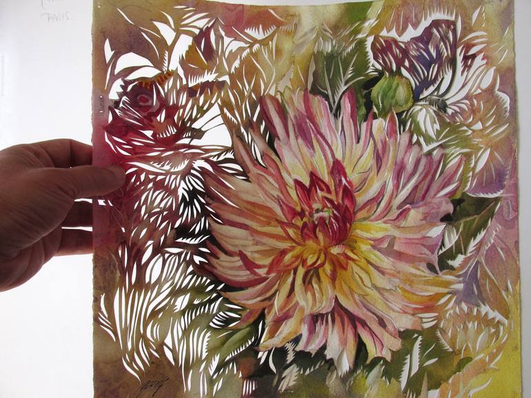 Dahlia Watercolor Paper Cut Painting By Alfred Ng | Saatchi Art