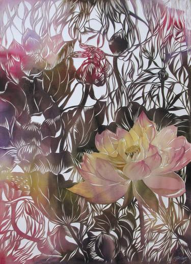 Lotus With Dragonfly Watercolor With Paper Cut Painting By Alfred Ng | Saatchi Art