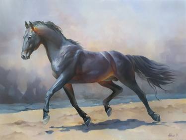 black horse in motion | running horse oil painting thumb