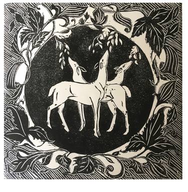 White Hinds Browsing - Limited Edition hand printed Lino cut. thumb
