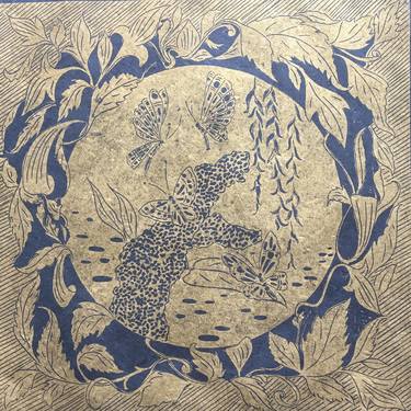 Butterfly Corner in Gold. Hand printed Limited Edition Lino cut. thumb