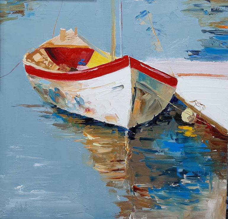 The boat on the pier Painting by Nadezhda Andreeva | Saatchi Art