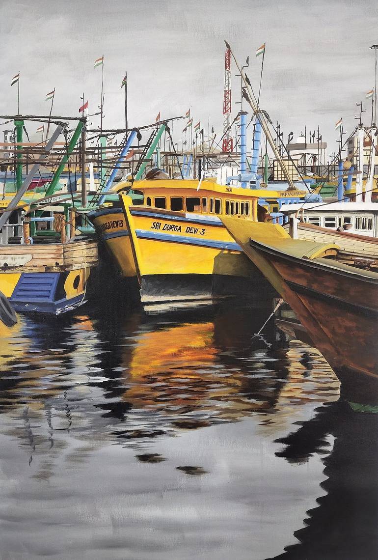 Original Contemporary Boat Painting by d shiva prasad reddy