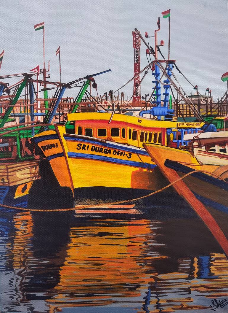 Print of Contemporary Boat Paintings by D Shiva Prasad Reddy