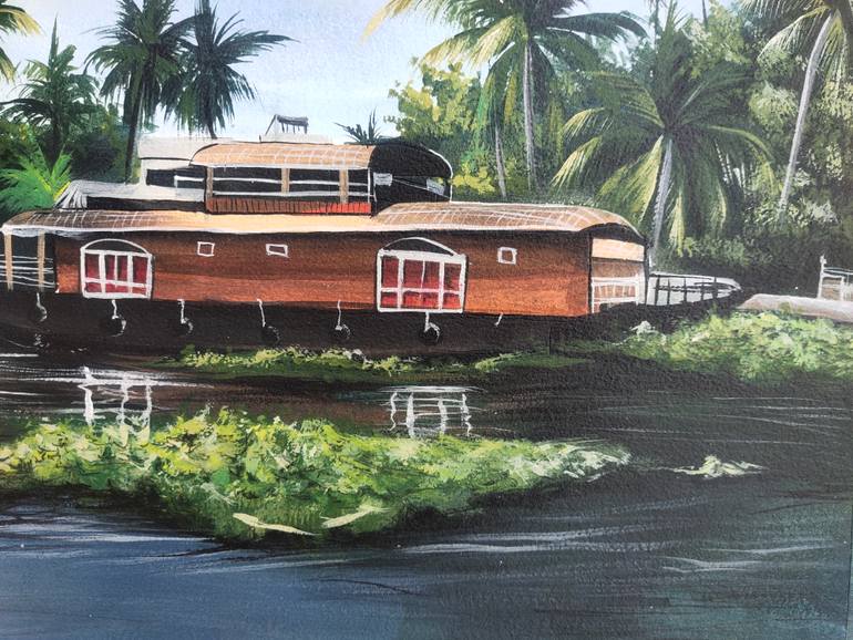 Original Art Deco Boat Painting by D Shiva Prasad Reddy