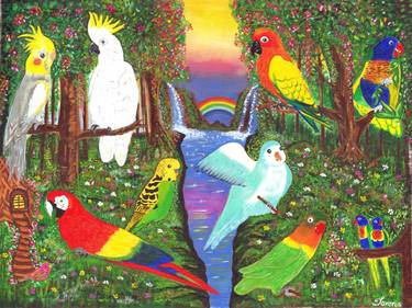Rainbow Bridge Heavenly Parrots Acrylic Painting Forest view thumb