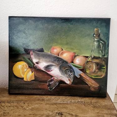 Still life Oil Painting on Canvas Fish lemon Onion Kitchen Art thumb