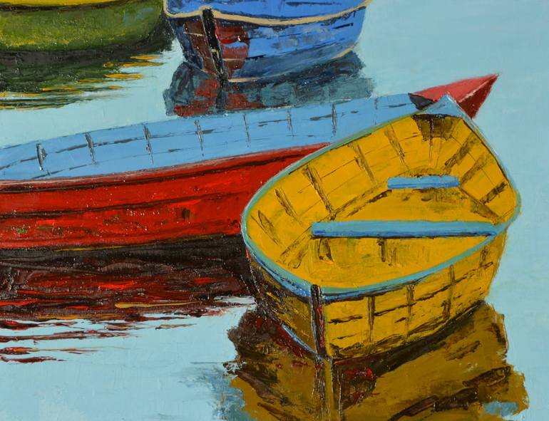 Original painting depicting a boat dock and pleasure boats, oil on
