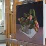 A study on rose and green in a series of small still lifes. Rhododendron is a real decoration of my garden. The various shades of pink color of the flower and their shiny leaves inspire me to create this work. The work is painted from life . The edges of the canvas are painted, it’s ready for hanging.