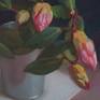 A study on rose and green in a series of small still lifes. Rhododendron is a real decoration of my garden. The various shades of pink color of the flower and their shiny leaves inspire me to create this work. The work is painted from life . The edges of the canvas are painted, it’s ready for hanging.