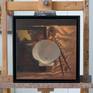 The work is framed. The size of the painting with the frame is 39 H x 39 W x 3,5 D cm.