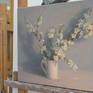 I tried to find the color harmony of delicate white flowers on a silvery gray background. The picture is painted from life on a quality 100%  linen canvas with oil color of high quality. The painting technique is many-layer.