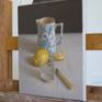 A dark background helps to reveal the shape of  jug. The strong light vibrates on lemon and glass. The painting technique is many-layer. The work is painted from life on a quality 100% linen canvas with oil color of high quality.