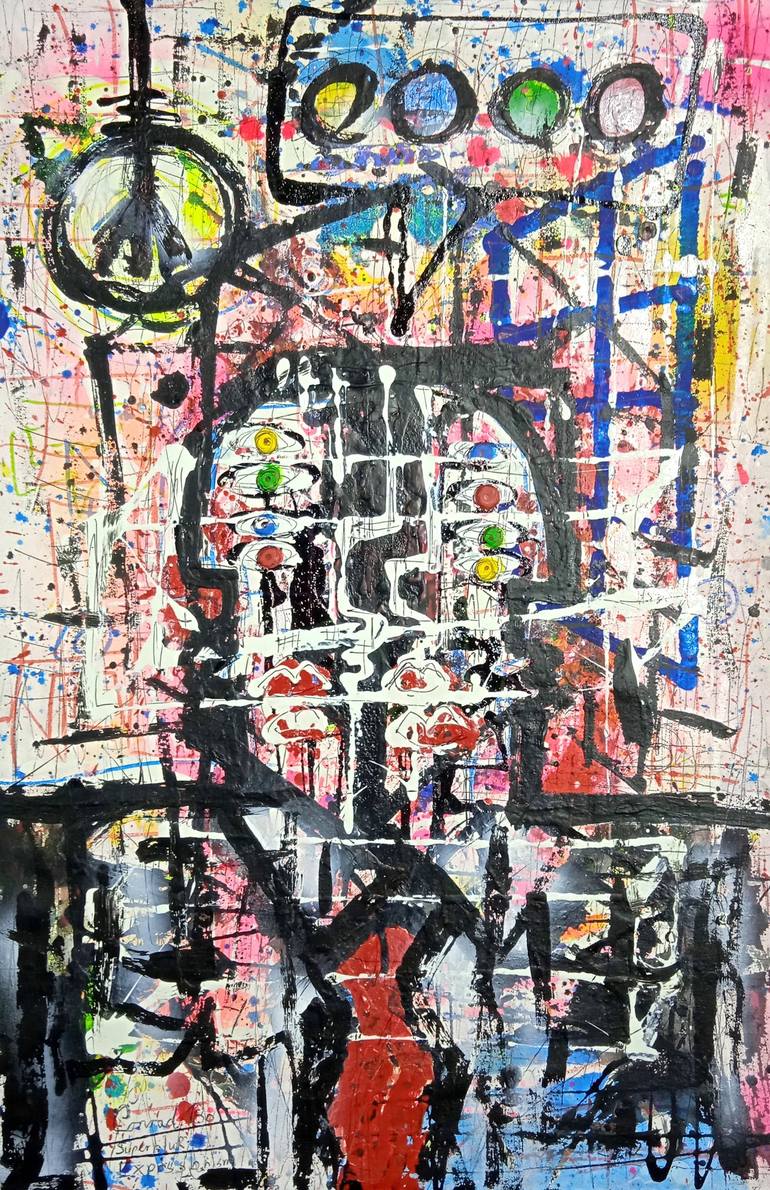 Figure with many eyes and a red tie Painting by Conrad Bo | Saatchi Art