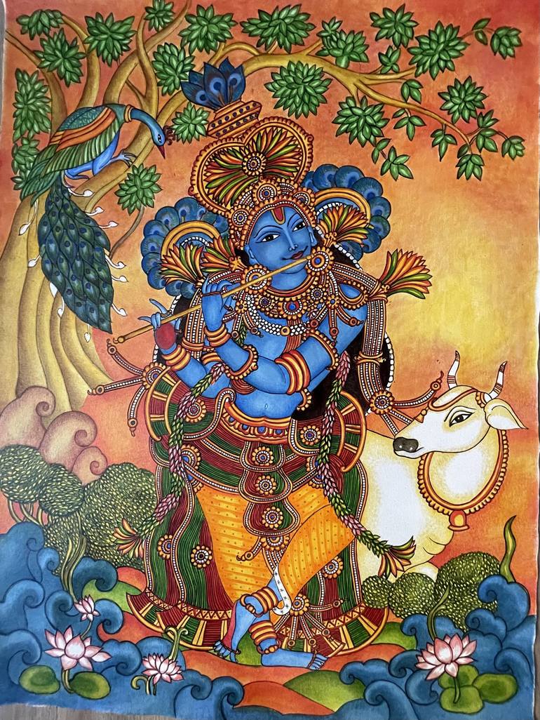 KRISHNA KERALA MURAL Painting by Kavitha Krishnachandran | Saatchi Art