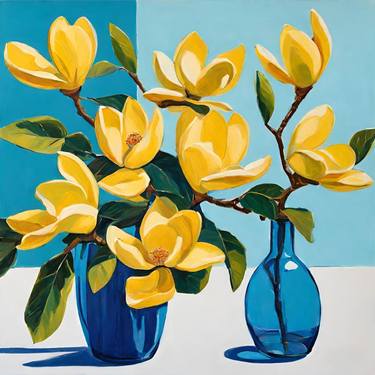 Yellow Flowers In Blue Vases - Acrylic Painting. thumb