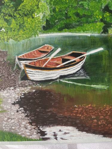 Boats Moored in  Lake Surrounded by Trees - Acrylic On Canvas. thumb
