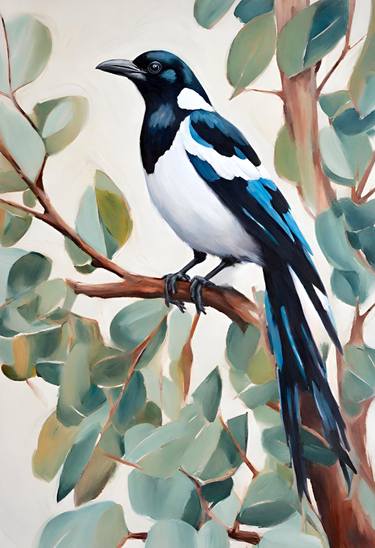 Lone Magpie - Australian Bird - On Gum Tree. Acrylic Painting thumb
