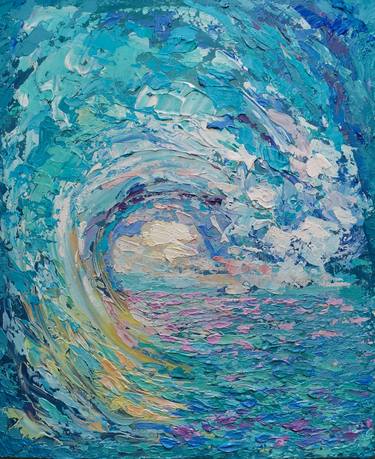 Stormy ocean wave painting. Surfer wave in Malibu. thumb