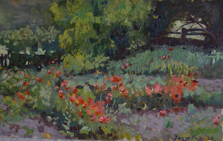 Red flowers in the garden Painting by Stanislav Hiedzievich | Saatchi Art