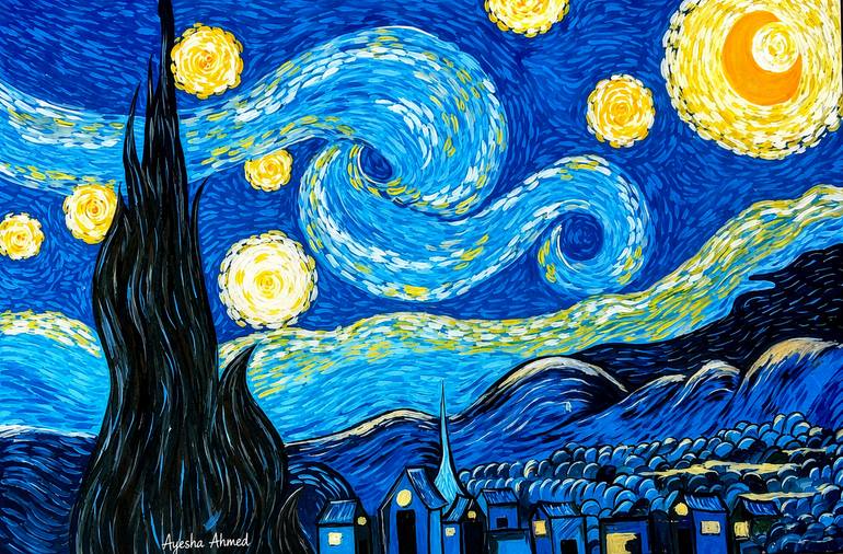 Original Famous Painting by Ayesha Mughal | Surrealism Art on Canvas | Starry Nights ~ Van Gogh
