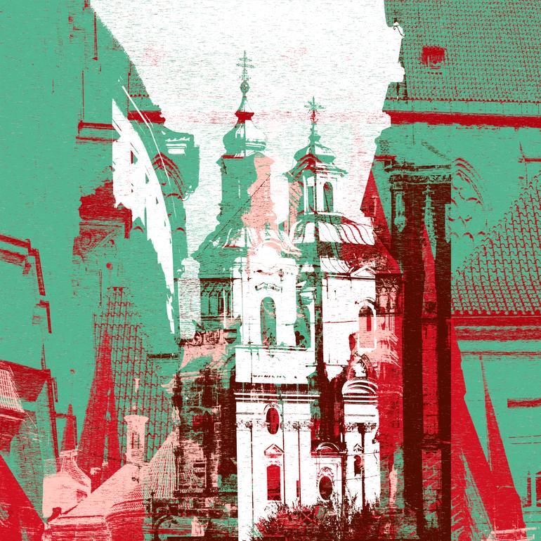 Original Architecture Collage by Brut Carniollus | Abstract Art on Canvas | Rooftops and Bell Towers [2919]