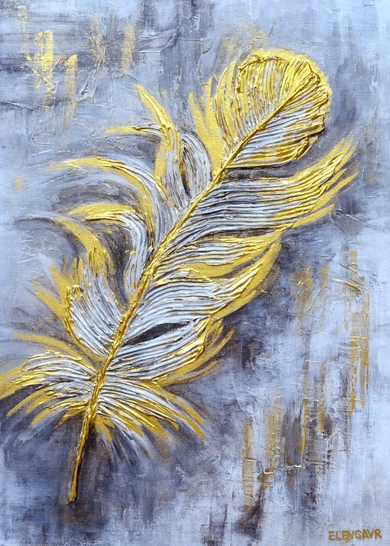 Relief painting of a golden feather on a gray background Painting by ...