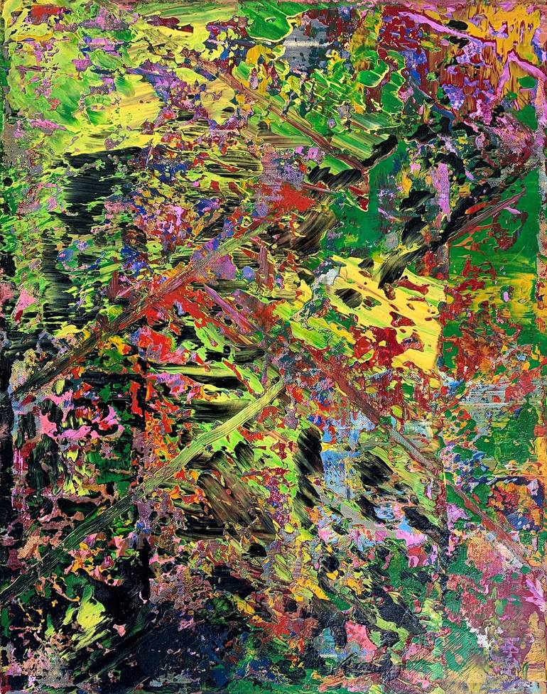 Original untitled abstract expressionist painting green and purple