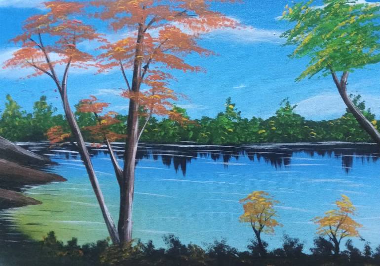 Original Landscape Painting by Florence Cherotich | Color Field Painting Art on Canvas | By the lakeside
