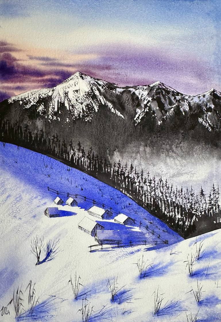 Winter Chale in the mountians Frosty evening Original Painting by yuliia sharapova
