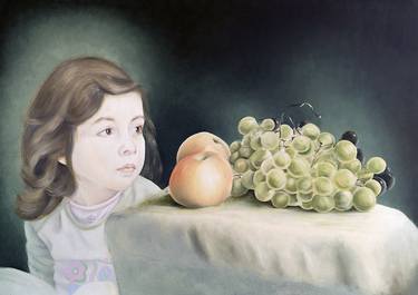 Portrait of a girl with fruits. The look into the future thumb