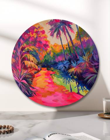 Vibrant tropical landscape painting on round canvas thumb