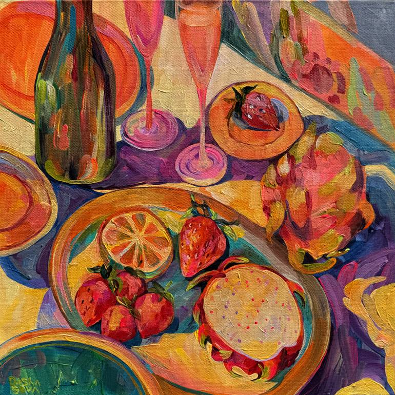 Original Food & Drink Painting by Dasha Denysova | Contemporary Art on Canvas | Dragon fruit and wine