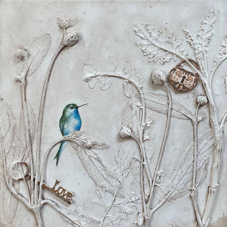 Hummingbird Secret Garden Plaster Wall Sculpture Sculpture by Ruth