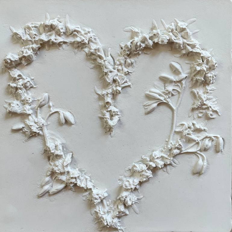 White Floral Plaster Heart Sculpture by Ruth Welter Saatchi Art